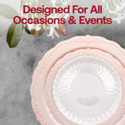 SKU 860PNK-VS60box presenting the full collection: dinner and appetizer plates, flatware, cups, and 6.25-inch matching bowls