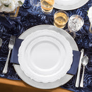 SKU 860WHVS20 displayed with clearly labeled components: appetizer and dinner plates, forks, knives, spoons, and cups from the White Vintage Round Disposable Plastic Wedding Value Set