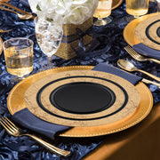 SKU 870BGVS20 features labeled components—dinner and appetizer plates, utensils, and cups—clearly displayed from the Black with Gold Marble Rim Disposable Plastic Wedding Value Set