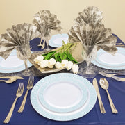 SKU 890TBSVS20 showing labeled pieces: appetizer and dinner plates, forks, knives, spoons, and cups from the White with Turquoise Blue and Silver Mosaic Rim Round Plastic Wedding Value Set