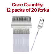 Safe, BPA-free disposable silver dinner forks accented by modern white handles, available in a 240-pack.