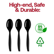 Safe and BPA-free black plastic serving spoon, designed for convenient, single-use food service