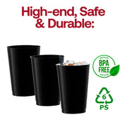 Safe and BPA-free black plastic tumblers with a classic round shape, 12 oz capacity, perfect for events, bulk pack of 240