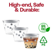 Safe and BPA-free clear disposable plastic party cups with silver dot accents, round design, 9 oz capacity, bulk 240-pack