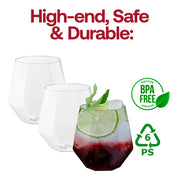 Safe and BPA-free clear plastic wine goblets with a trendy hexagonal design, stemless and 12 oz in size, sold in a 64-pack