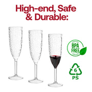 Safe and BPA-free crystal-style disposable plastic champagne flutes, 8 oz capacity, ideal for toasts and parties