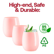 Safe and stylish BPA-free solid pink plastic wine glasses, featuring a sleek stemless design, 12 oz capacity, bulk pack of 64