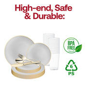 Set a chic and modern table with the Gray with Gold Organic Round Disposable Plastic Wedding Value Set, ideal for contemporary weddings and stylish gatherings