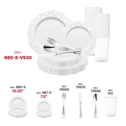 Set a classy and contemporary tone with the White with Silver Dots Round Blossom Disposable Plastic Wedding Value Set, ideal for upscale celebrations and formal affairs.