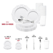Set a classy and contemporary tone with the White with Silver Dots Round Blossom Disposable Plastic Wedding Value Set, ideal for upscale celebrations and formal affairs