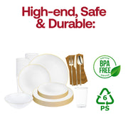 Set a glamorous and refined tone for your event with the White with Gold Rim Organic Plastic Grand Wedding Value Set, perfect for upscale weddings and high-end celebrations
