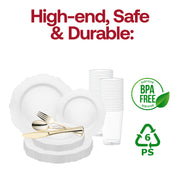 Set a sophisticated table with the Solid White Round Blossom Disposable Plastic Wedding Value Set, perfect for weddings and elegant gatherings