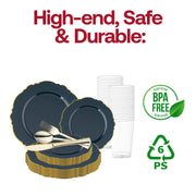 Set a sophisticated tone with the Navy with Gold Rim Round Blossom Disposable Plastic Wedding Value Set, perfect for upscale weddings and refined gatherings