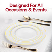 Set a timeless and elegant table with the White with Gold Edge Rim Plastic Wedding Value Set, a perfect choice for classic weddings and memorable events
