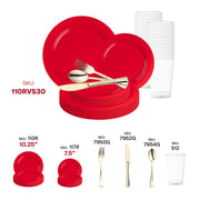 Set a vibrant and chic atmosphere with the Solid Red Holiday Round Disposable Plastic Wedding Value Set, ideal for adding a pop of color to your holiday celebrations and festive events.