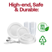 Set an elegant and timeless table with the White with Silver Edge Rim Plastic Wedding Value Set, a perfect match for formal weddings and upscale events