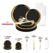 Set an elegant tone for your event with the Black with Gold Moonlight Round Disposable Plastic Wedding Value Set, ideal for modern, chic gatherings and formal occasions.