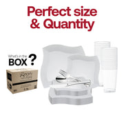 Set includes 10-inch dinner plates, 7-inch appetizer plates, 7.25-inch forks, 8-inch knives, 6.25-inch spoons, and 4.5-inch cups