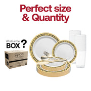 Set includes 10.25-inch dinner plates, 7.5-inch appetizer plates, 7.25-inch forks, 8-inch knives, 6.25-inch spoons, and 4.5-inch cups.
