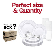 Set includes 10.25-inch dinner plates, 7.5-inch appetizer plates, 7.25-inch forks, 8-inch knives, 6.25-inch spoons, and 4.5-inch cups
