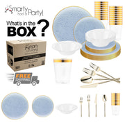Set includes 10.25" dinner and 7.5" appetizer plates, 3.75" cups, 8.8" knives, 8.1" spoons, and gold forks (8.4" & 7").