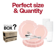 Set includes 10.25" dinner plates, 7.5" appetizer plates, 7.25" forks, 8" knives, 6.25" spoons, and 4.5" clear plastic cups