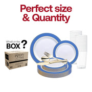 Set includes 10.25” dinner plates, 7.5” appetizers, 7.25” forks, 8” knives, 6.25” spoons, and 4.5” cups