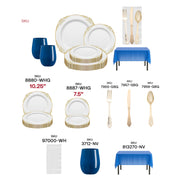 Set includes 10.25" dinner plates, 7.5" salad plates, 12 oz cups, full silver cutlery set, and 54" x 108" tablecloth.