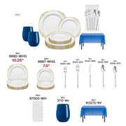 Set includes 10.25" dinner plates, 7.5" salad plates, 12 oz cups, full silver cutlery set, and 54" x 108" tablecloth