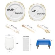 Set includes 10.25" dinner plates, 7.5" salad plates, 12 oz cups, full silver cutlery set, and 54" x 108" tablecloth