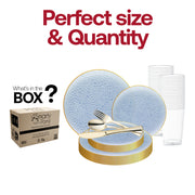 Set includes 10.25" main plates, 7.5" sides, 4.5" tumblers, plus elegant cutlery—8" knives, 7.25" forks, and 6.25" spoons