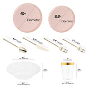 Set includes 10” and 8.5” plates, gold-accented utensils, 6.25” bowls, 3.75” cups, plus full-size and appetizer forks for service