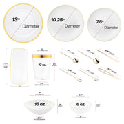 Set includes 13", 10.25", 7.5" plates, 10.6" tray, cups, forks, knives, spoons, and bowls in various sizes for full service