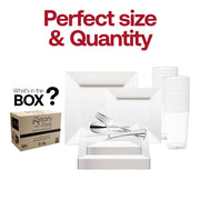 Set includes 9.5-inch dinner plates, 6.5-inch appetizer plates, 7.25-inch forks, 8-inch knives, 6.25-inch spoons, and 4.5-inch cups.