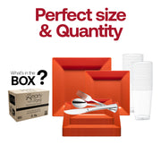 Set includes 9.5-inch dinner plates, 6.5-inch appetizer plates, 7.25-inch forks, 8-inch knives, 6.25-inch spoons, and 4.5-inch cups