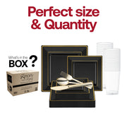 Set includes 9.5” dinner plates, 6.5” appetizer plates, 7.25” forks, 8” knives, 6.25” spoons, and 4.5” cups