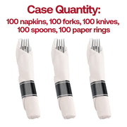 Set of 100 silver plastic utensil rolls, each including a fork, knife, spoon, napkin, and a napkin ring