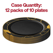 Set of 120 black disposable plastic dinner plates with elegant gold marble accents