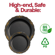 Set of 120 black plastic dinner plates with an ornate gold vintage rim, 10-inch size, disposable for easy cleanup