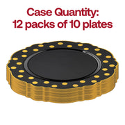 Set of 120 black round disposable dinner plates with a detailed gold dot blossom motif