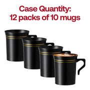 Set of 120 black round plastic coffee mugs featuring a stylish gold rim, 8-ounce capacity, perfect for events