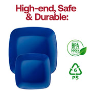 Set of 120 blue disposable plastic buffet plates with an 8.5-inch rounded square design, ideal for serving meals