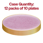 Set of 120 clear pink plastic dinner plates with a gold hammered glass-style rim