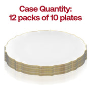 Set of 120 clear round plastic dinner plates with a gold lotus-inspired rim