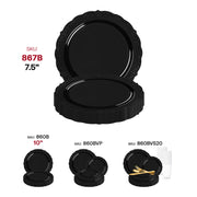 Set of 120 disposable black plastic salad plates featuring a vintage-inspired rim and 7.5-inch round design