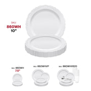 Set of 120 disposable plastic dinner plates in white, featuring a 10-inch round vintage design for formal gatherings