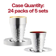 Set of 120 metallic silver plastic Kiddush cups with matching saucers, round design, 5-ounce capacity, perfect for ceremonies