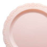 Set of 120 pink vintage-style round disposable plastic dinner plates, 10-inch diameter, ideal for elegant events and gatherings