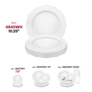 Set of 120 solid white dinner plates with a decorative blossom edge, 10.25-inch disposable plastic design
