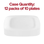 Set of 120 solid white disposable plastic buffet plates with an 8.5-inch rounded square design, ideal for serving meals.